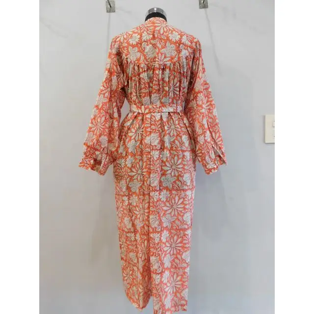 Orange long dress floral printed nightdress block print evening gown summer dresses wholesaler