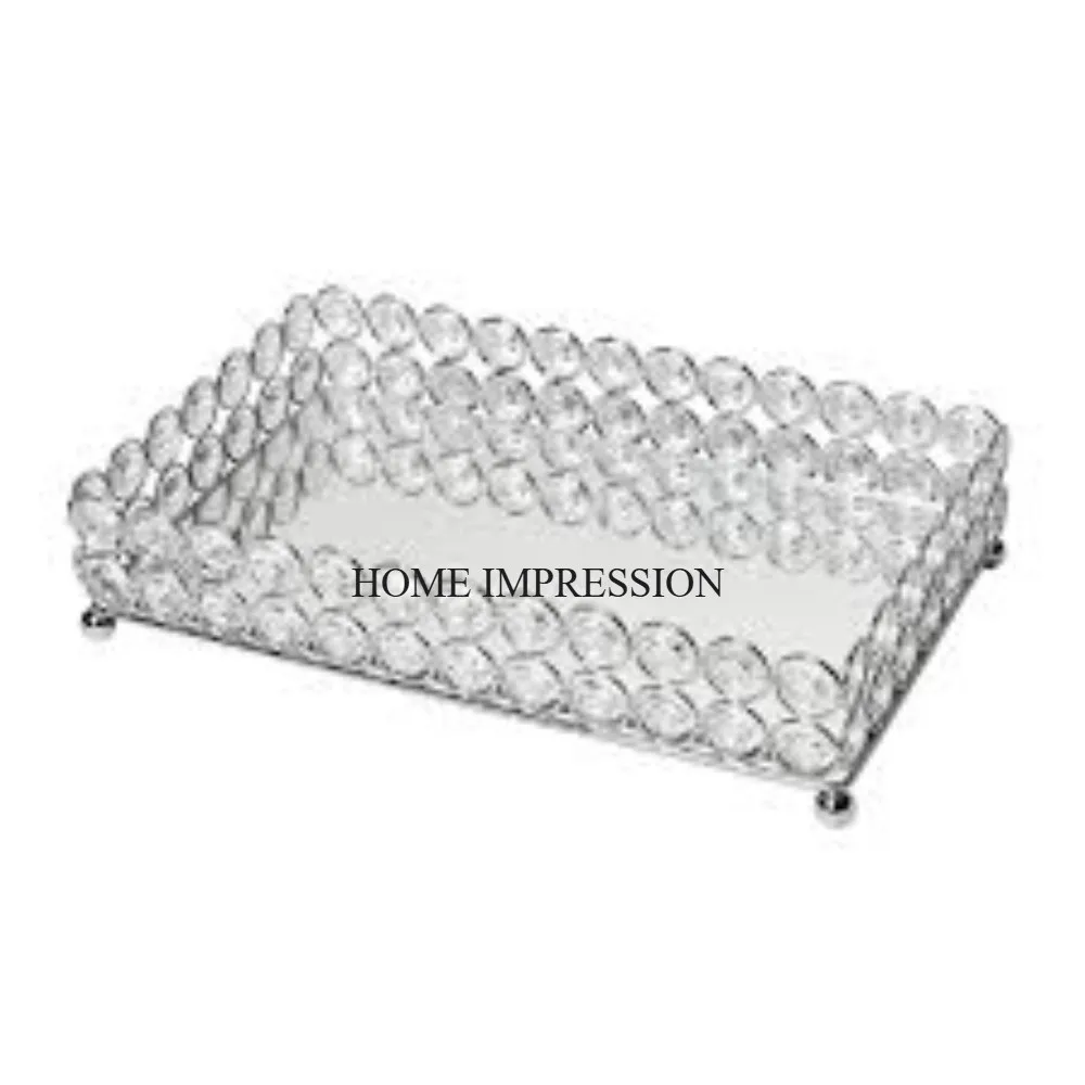 Clear White Crystal Beaded Unique Fancy Designer Rectangular Shape Mirror Tray For Serving Dates & Chocolate In Impressive Price