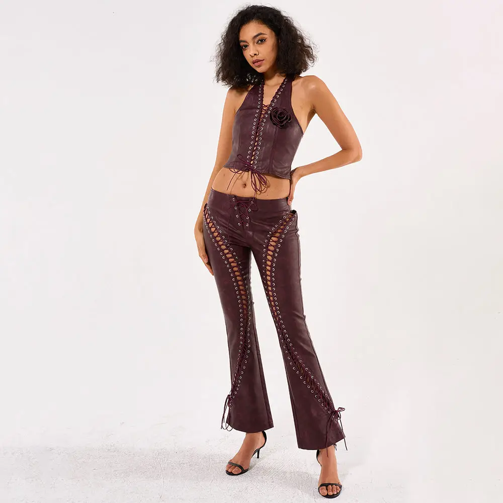 Custom Logo Faux Leather PU Women 2 Piece Set Outfits Halter Neck Crop Top and Wide Leg Pants Set