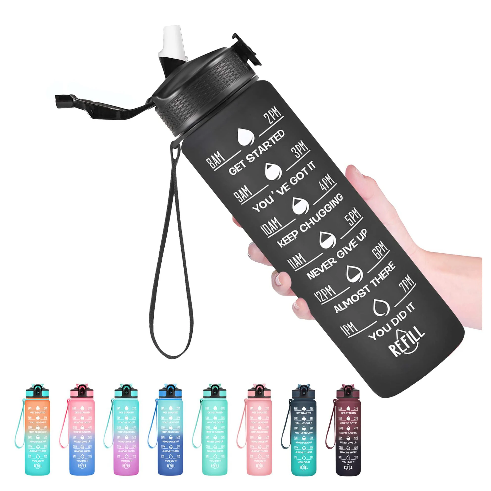 Wholesale Frosted Water Bottle Flip Top Handgrip Motivation Pc Tritan Sports Wide Mouth Plastic Water Bottle With Time Marker