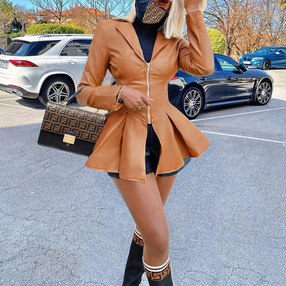 2023 New Design Women Outerwear Autumn Ladies Pu Faux Leather Jacket Long Sleeve Short Women