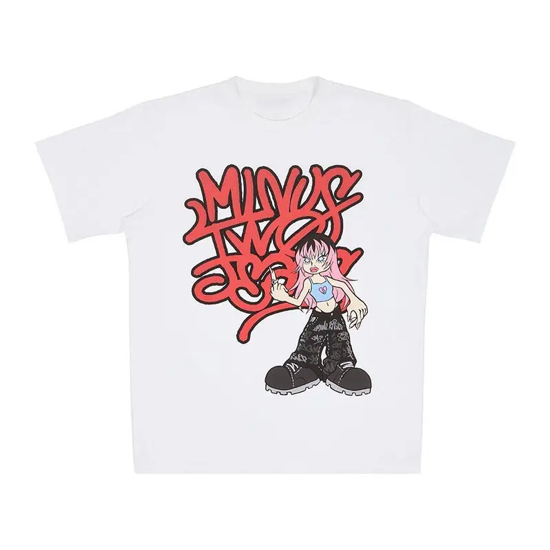 T-Shirt Hip Hop Cartoon Minus Two Print Oversized Tops Men Women 2023 New Harajuku Anime Baggy Short Sleeved Top Streetwear