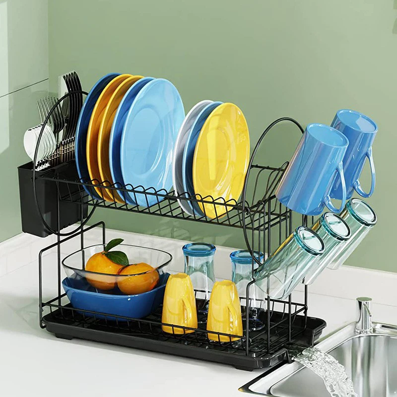 2 Tier Cutlery Storage Rack with Utensil and Cup Holder Kitchen Gadgets Kitchen Dish Drying Storage Rack Dish Dry Rack