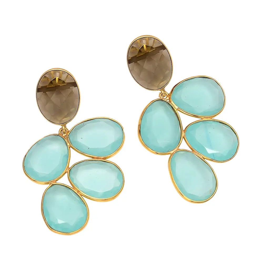 Aqua Chalcedony Gemstone  earrings Gold Plated Oval Shape Dangling Earring pairs Unique Jewelry