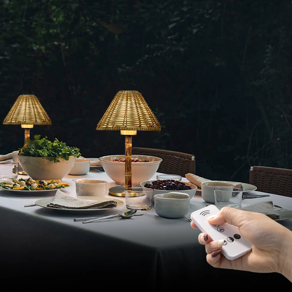 European Style Bamboo Cordless Led Table Lamps 2800mah Battery Remote Control Rattan Restaurant Table Light