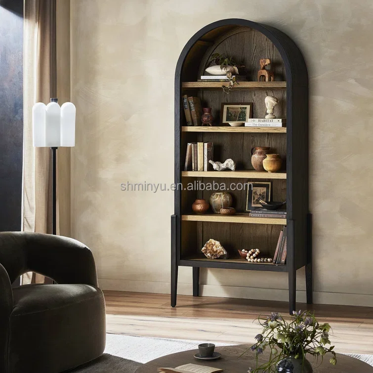 Modern American Antique Design Indoor Furniture Black Finished Arched Top Open Front Storage Display Solid Wood Bookcase