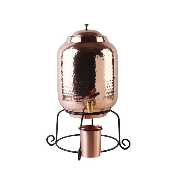 Hot selling amazon top selling Water Dispenser Hammered Design with Plain Glass and Designer Stand Copper water Pot