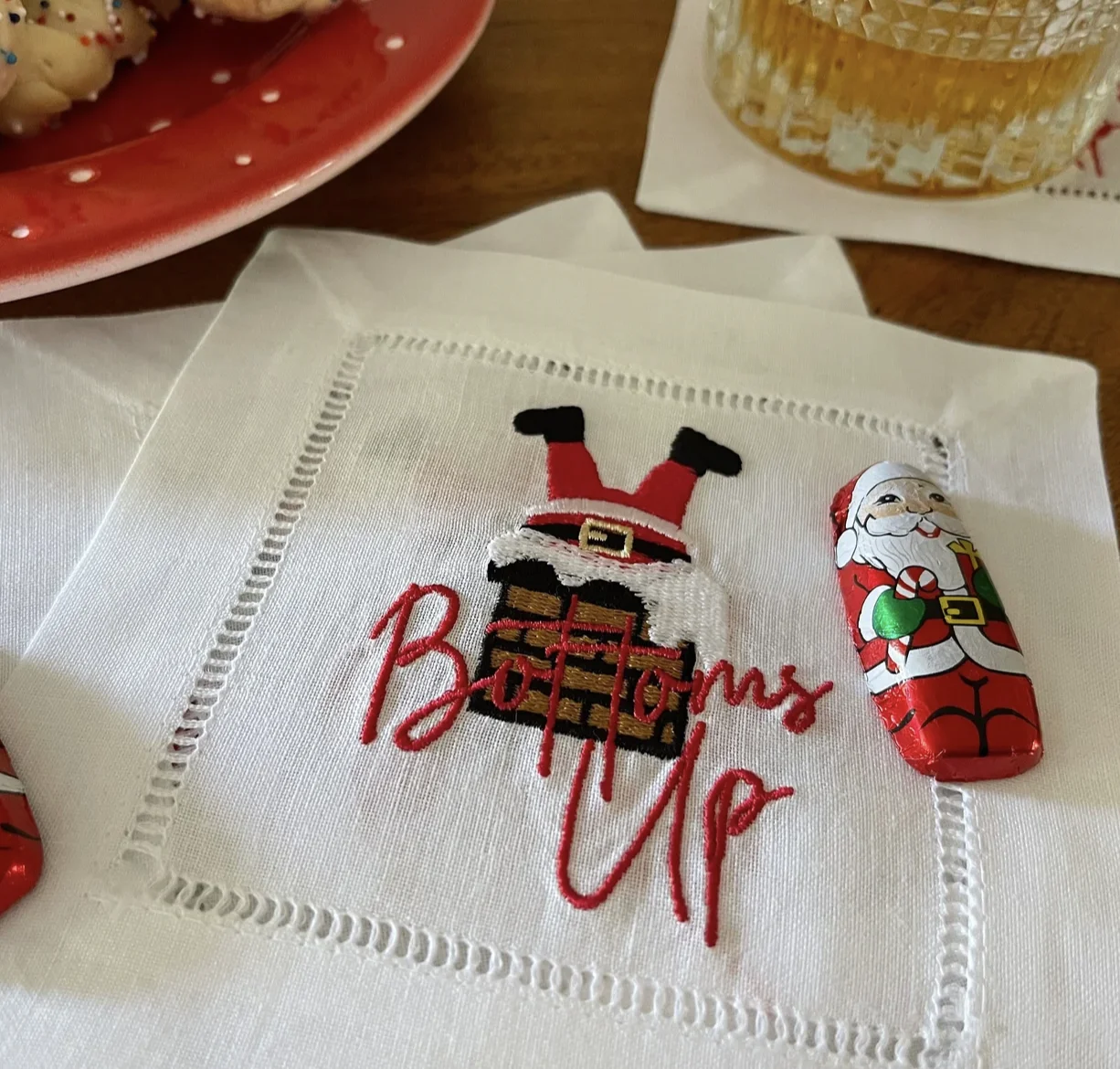 Bottoms up Santa Holiday Cocktail Cloth Napkins Embroidered for Festive Beverages
