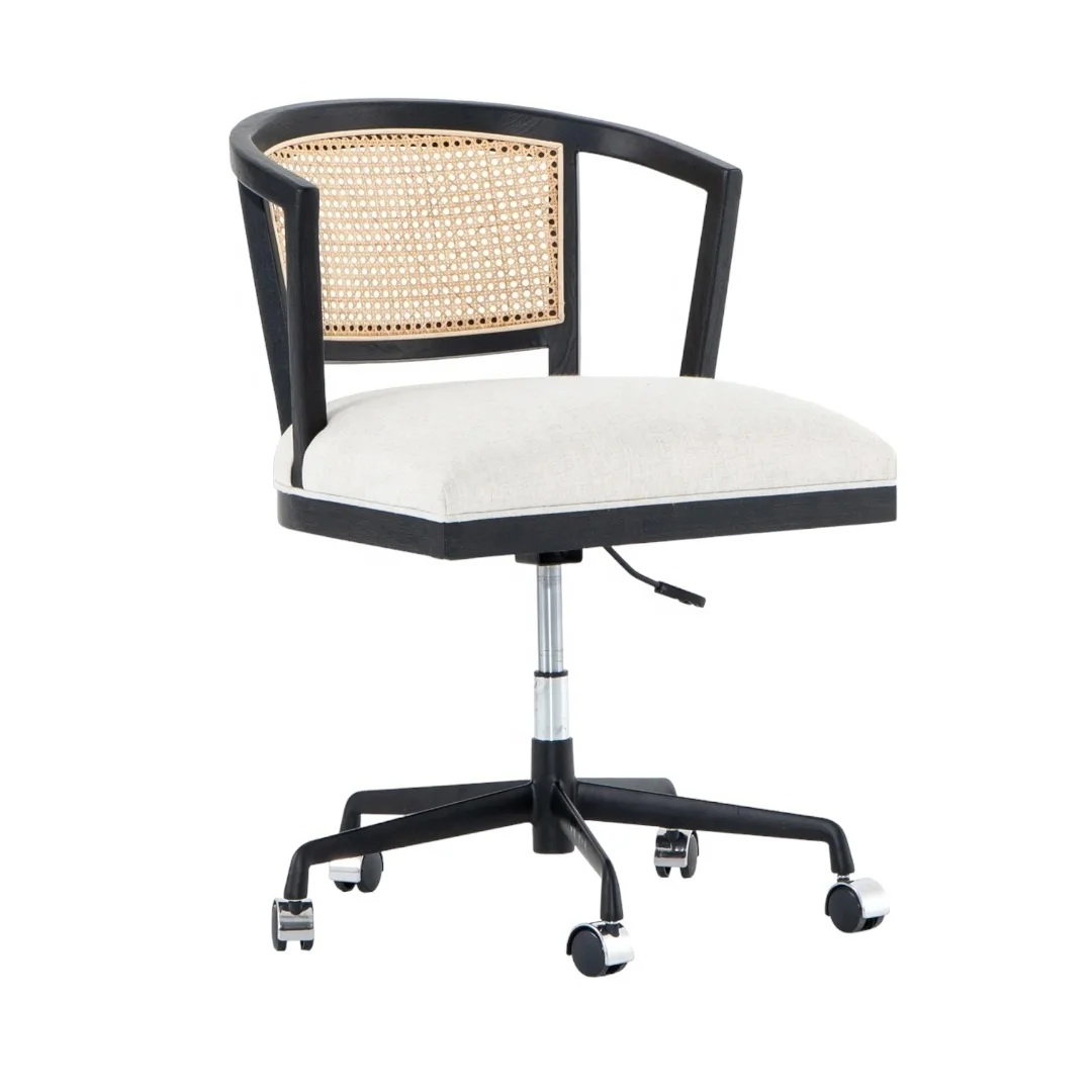 Modern Office Chair Black Finish Teak Wood With Rattan