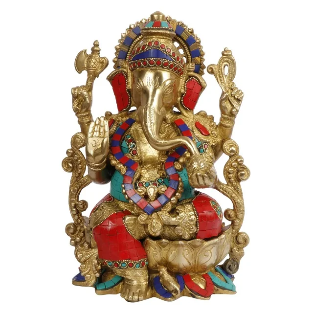 Ganesha Idol Brass with Multicolor Stone Handwork Ganesh Bhagwan Large Statue God Ganpati Murti for Home Pooja Entrace Decor