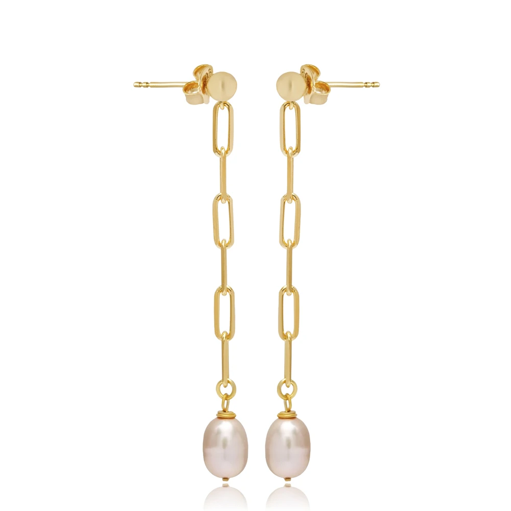 Pink Pearl Chain Design 925 Sterling Silver Long Earrings Wholesale Handmade Turkish 925 Sterling Silver Fine Jewelry