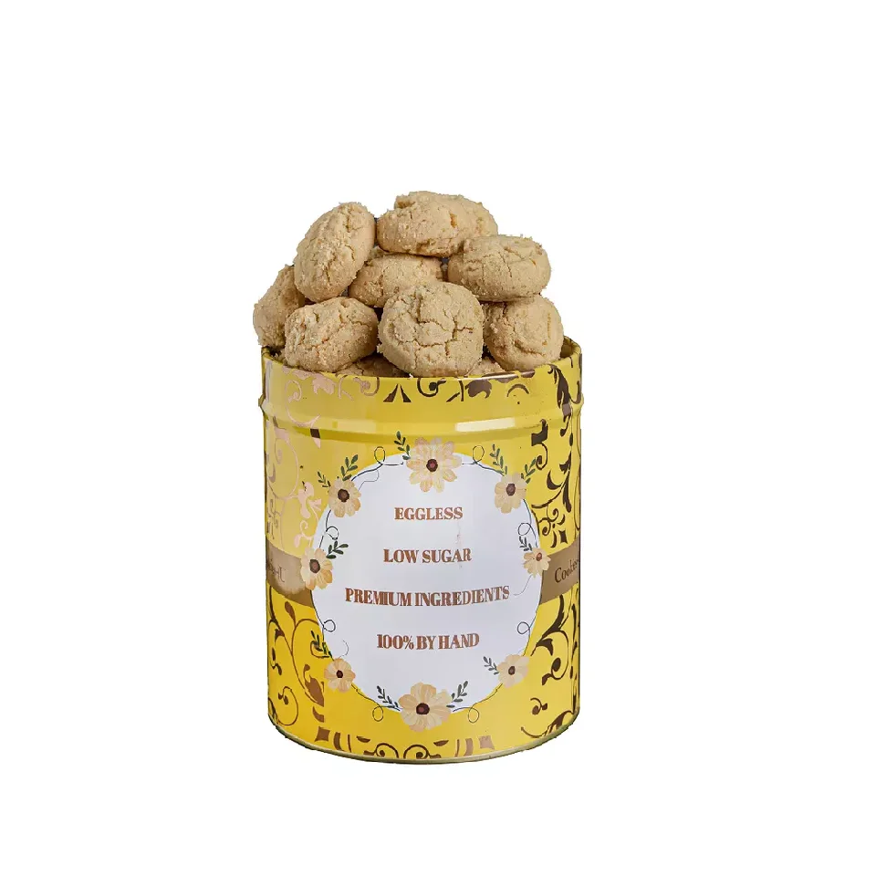 OEM Nutty Flavour Formed Cookies Salty Sweet Soft Eggless Low Sugar Ah Ma Almond Biscuits with Tin Bottle Packaging