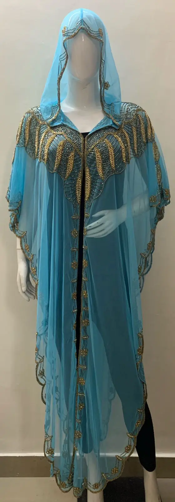 Work Front Open Lose Maxi Dress Style Heavy Hand Embroidery Most Popular Hooded in Net Best Selling Dubai Moroccan Style Woman