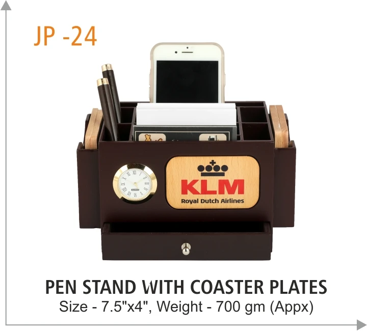 Table Clock Phone Pen Holder Stand for Office Desk Wooden Pen Stand Table Phone Holder Pen Stand Custom Branding Office Table