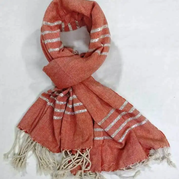 100% Cotton Yarn Dyed Scarf with twisted fringes and lurex stripes Made in India Factory Price BSCI certified