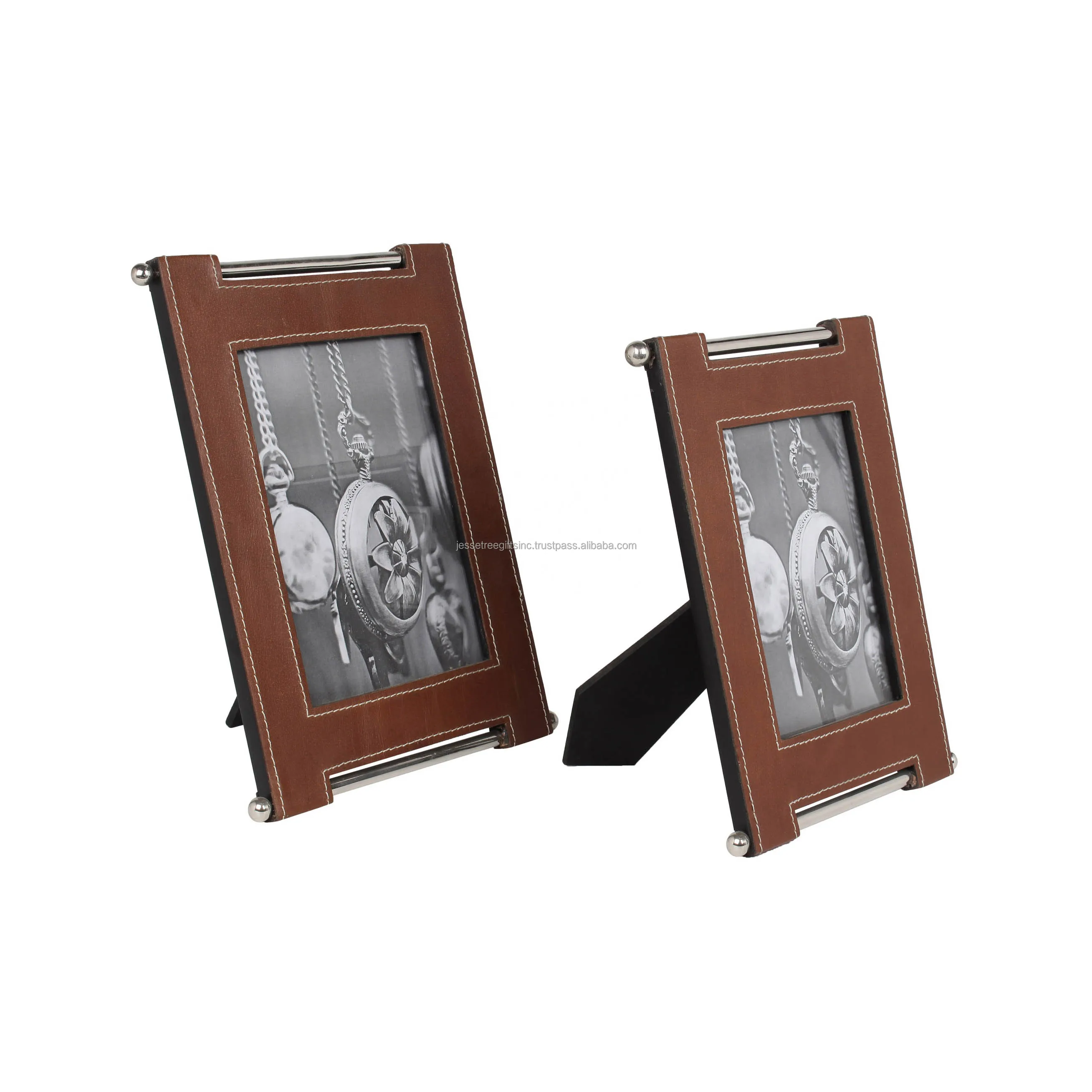 Metal Tabletop Photo Frame With Green Leather Pasting Rectangular Shape Modern Design Best Quality For Home Decoration