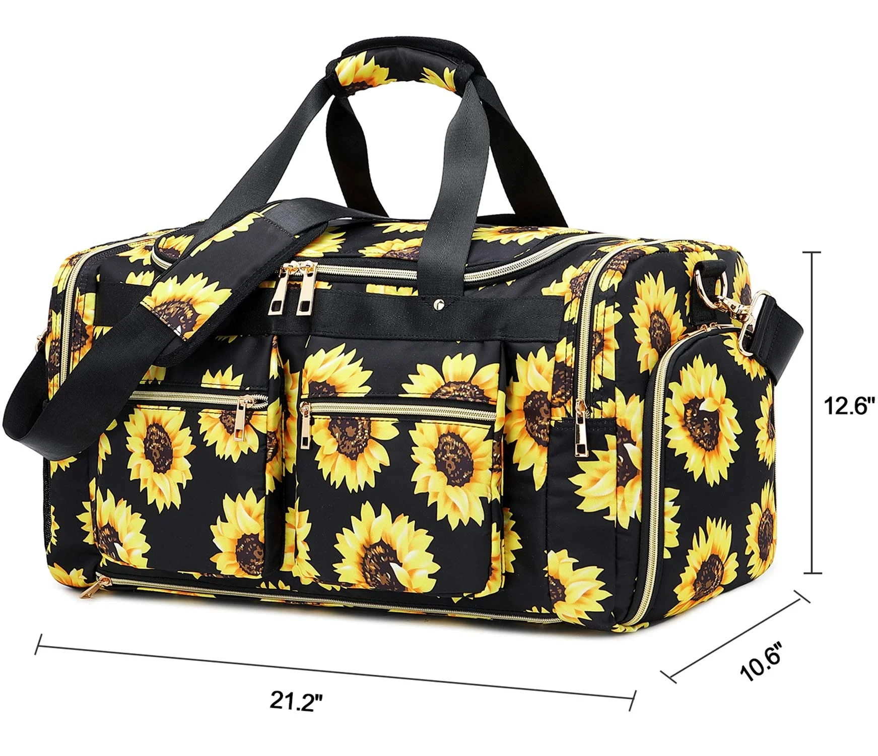 Weekender Overnight Duffel Bag Shoe Pocket for Women Men Weekend Travel Tote Carry On Bag (Sunflower Black) Travel Bag