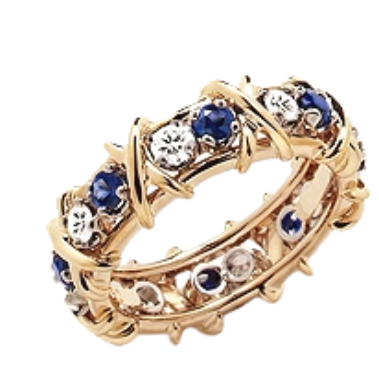 18 Karat Yellow Gold Plated Diamond and Sapphire Sixteen Stone New Fashionable Design Unique Ring