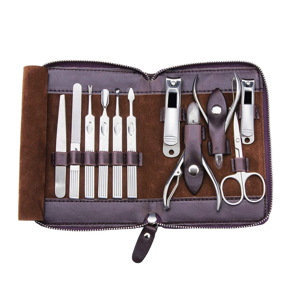 Customized Manicure Beauty Kit German Stainless 12 Pieces Manicure And Pedicure Tools With Leather Zipper Case