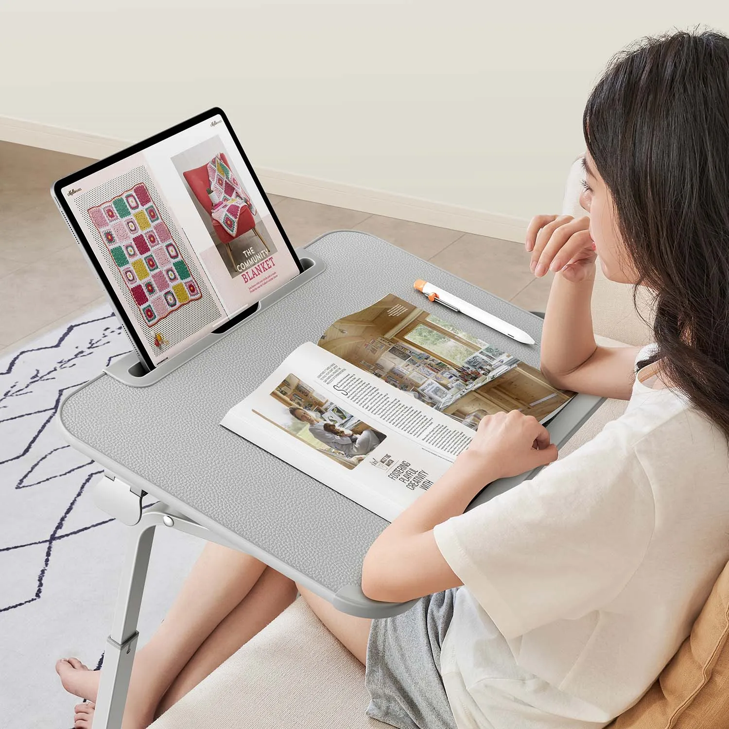 XGear New 2022 Adjustable TV Tray Table Pu Leather with cupholder tablet slot on bed sofa Folding Table for home office eating