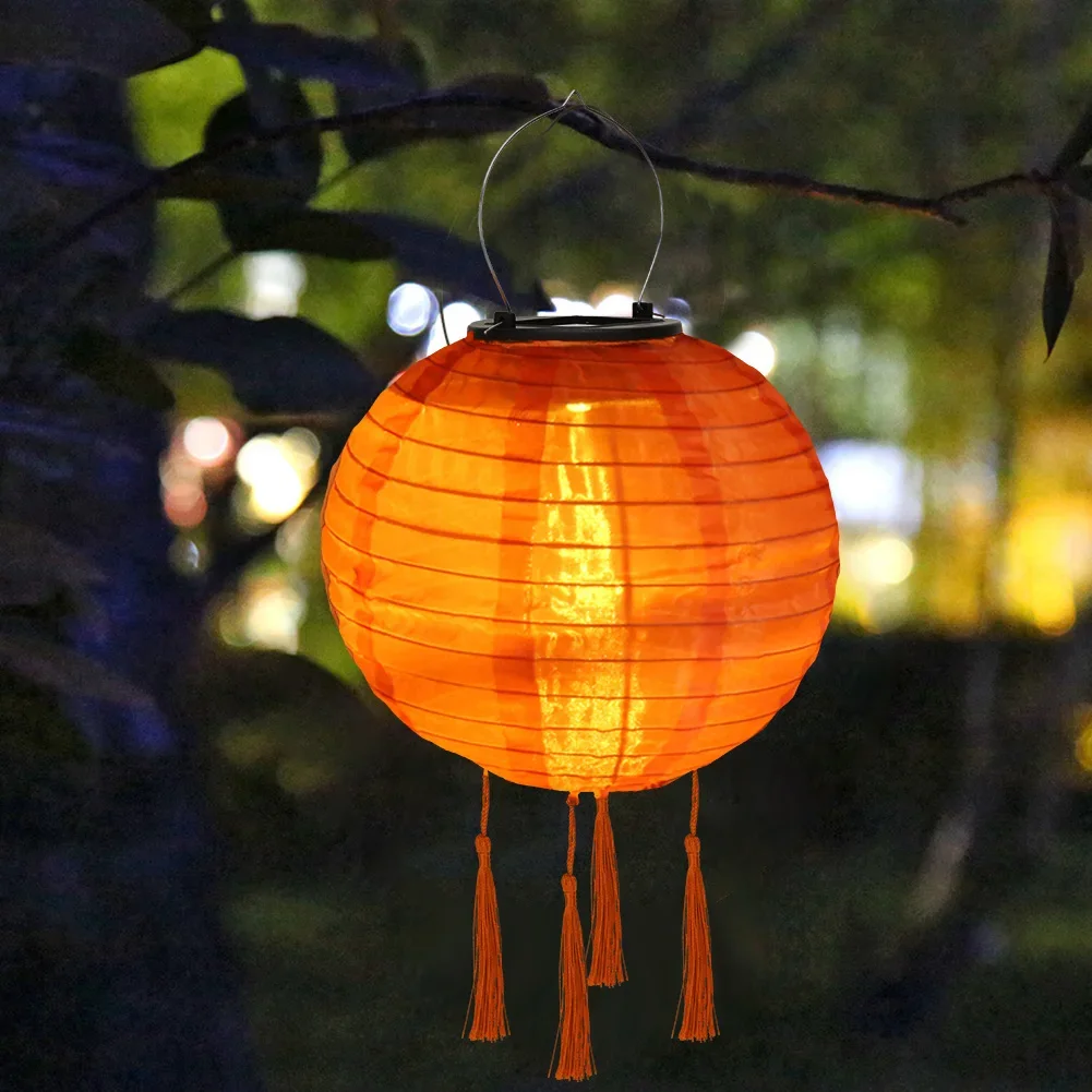 Round Paper Lantern Waterproof Solar Chinese Lantern Nylon Hanging Lamp Outdoor Festival Wedding Birthday Party Decorations