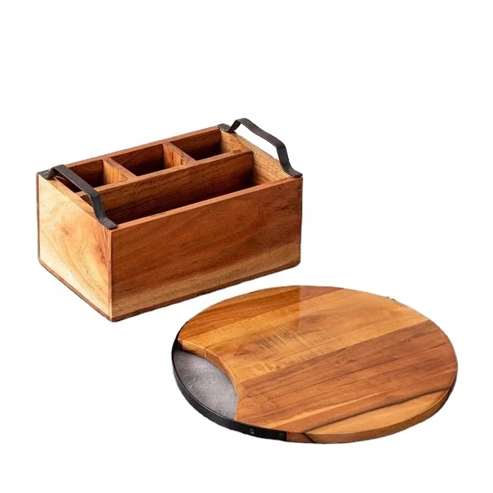 Acacia Wood Cutlery Holder Decorative Storage Holders With Brass Handle Kitchen Rack Home Kitchenware Items