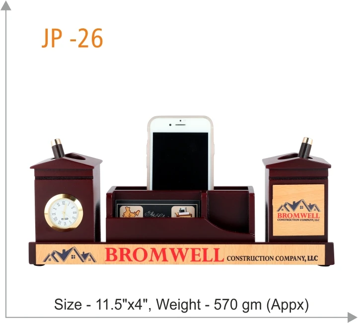 Table Clock Phone Pen Holder Stand for Office Desk Wooden Pen Stand Table Phone Holder Pen Stand Custom Branding Office Table