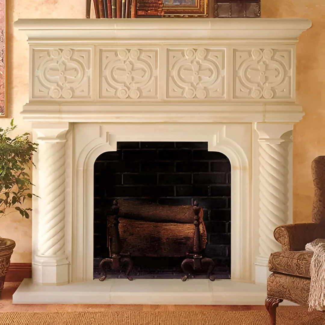 Home Decorative Electric Fireplace Mantel Hand Carved Indoor Beige White Surround Guaranteed lowest price