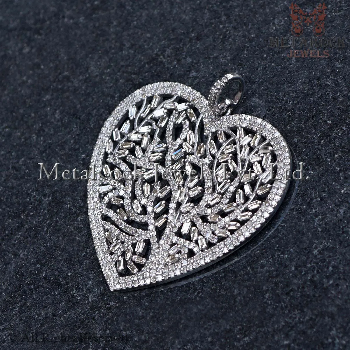 925 Sterling Silver Most Beautiful Tree Of Life Baguette Pave Diamond Luxury Heart Pendant