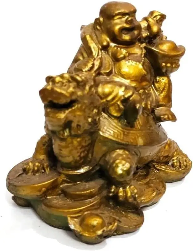 Feng Shui Laughing Buddha on Dragon Holding Ingot Money Bag, Coin for Vastu Blessing Good Luck Success & Prosperity Decorative