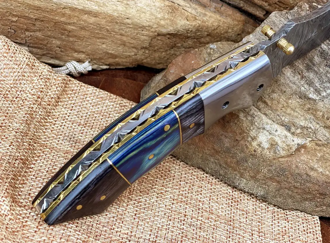 Damascus Pattern Stainless Steel Folding Pocket Knife Chef Knife Set for EDC & Outdoor Camping with Folded Wood Handle