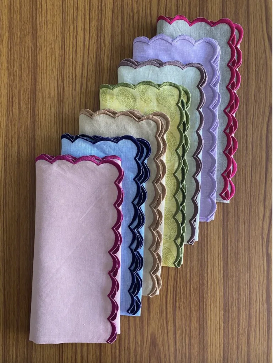Mix Match Pure Linen Napkins Embroidered Scallops Wedding Events Parties Home 9x9' Cocktail 18x18' Dinner Sizes Unique Gifts