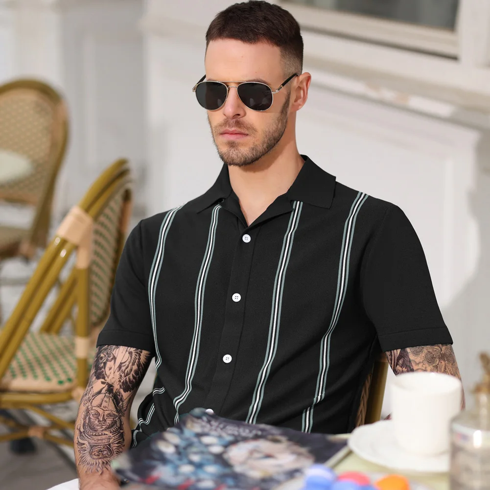 Men Contrast Color Cardigan Lapel Vintage Knitted Top Short Sleeve Sweater Men