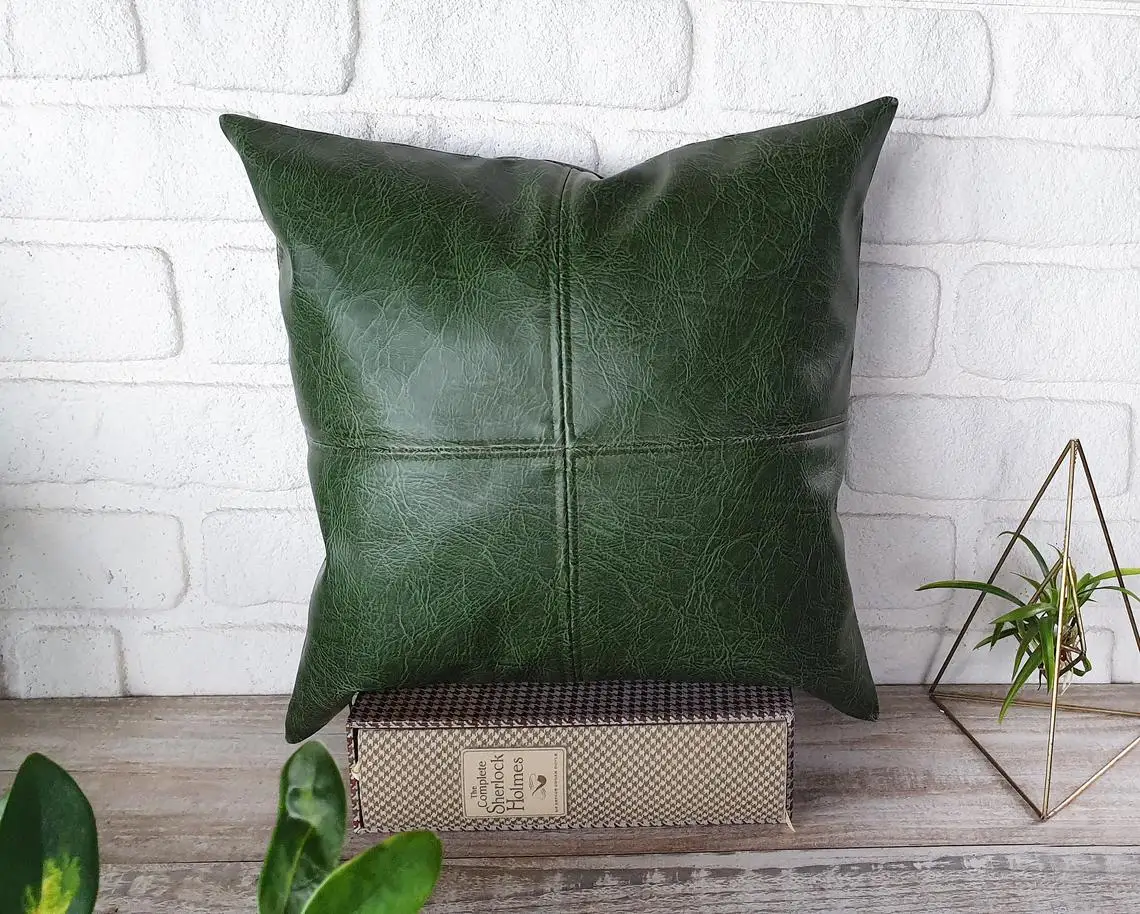 Vintage Green Leather Modern Pillow Cover Square Luxury Cushion Case Durable Shell for Couch Sofa Bed Living Room