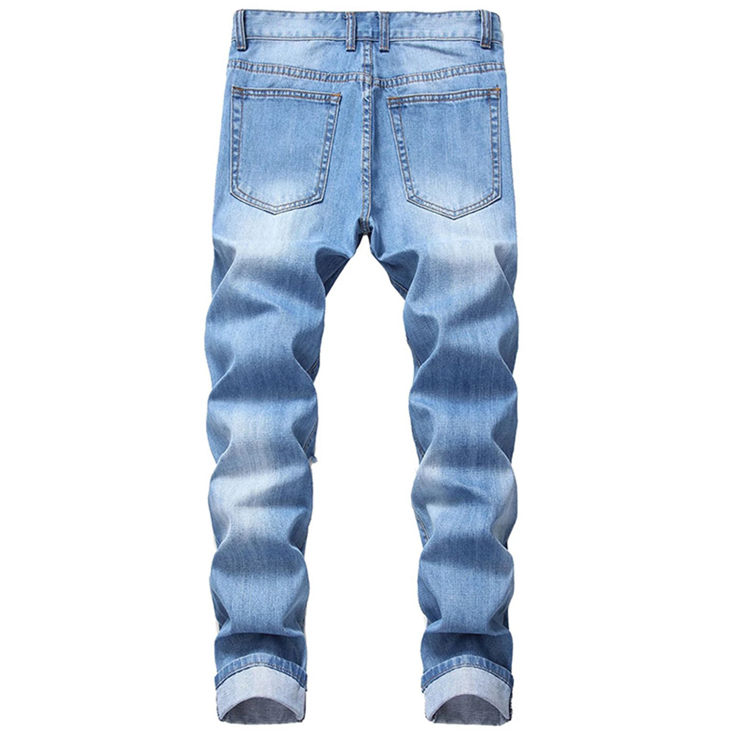 Vintage Wash distressed Mens Ripped Jeans Blue Long Slim Jeans Straight Denim Pants Men Casual Trousers