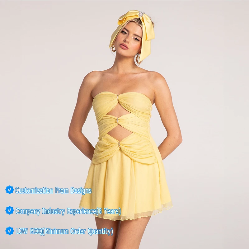 Customization Female Chiffon Semi Sheer High Waist Oem High Quality Sleeveless Strapless Cut Out Yellow Women Mini Dress