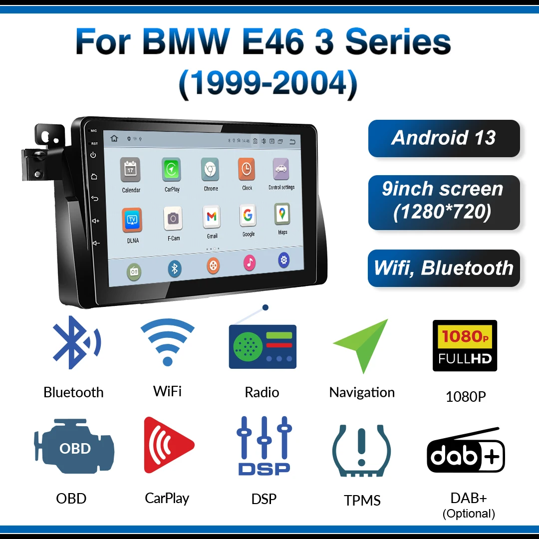 BG Factory 9inch Android 13 ultra-thin 8Cores (4+64GB) car radio for BMW E46 3 Series 1999-2004 GPS navi 4G Wifi Bluetooth 5.0