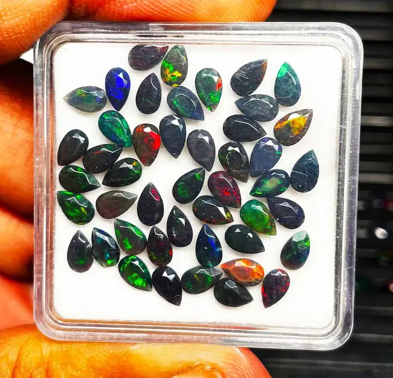 Outstanding Black Smoked Opal Faceted Cut Pear Multi Fire Opal Gemstone Wholesale Lot High Grade Opal For Sale