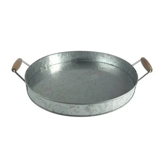 Metal Round Galvanized Tray with Wooden Handle Restaurant & Wedding Food serving decoration Expensive Tray for Sale