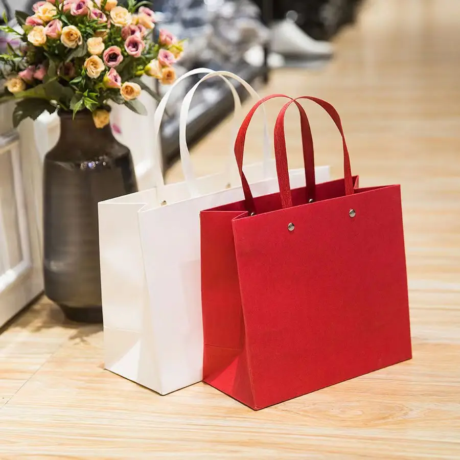 Small Luxury Custom LOGO UV Coated Paper Gift Bags For Jewelry Watch Perfume Small Business Packaging with Ribbon Handles