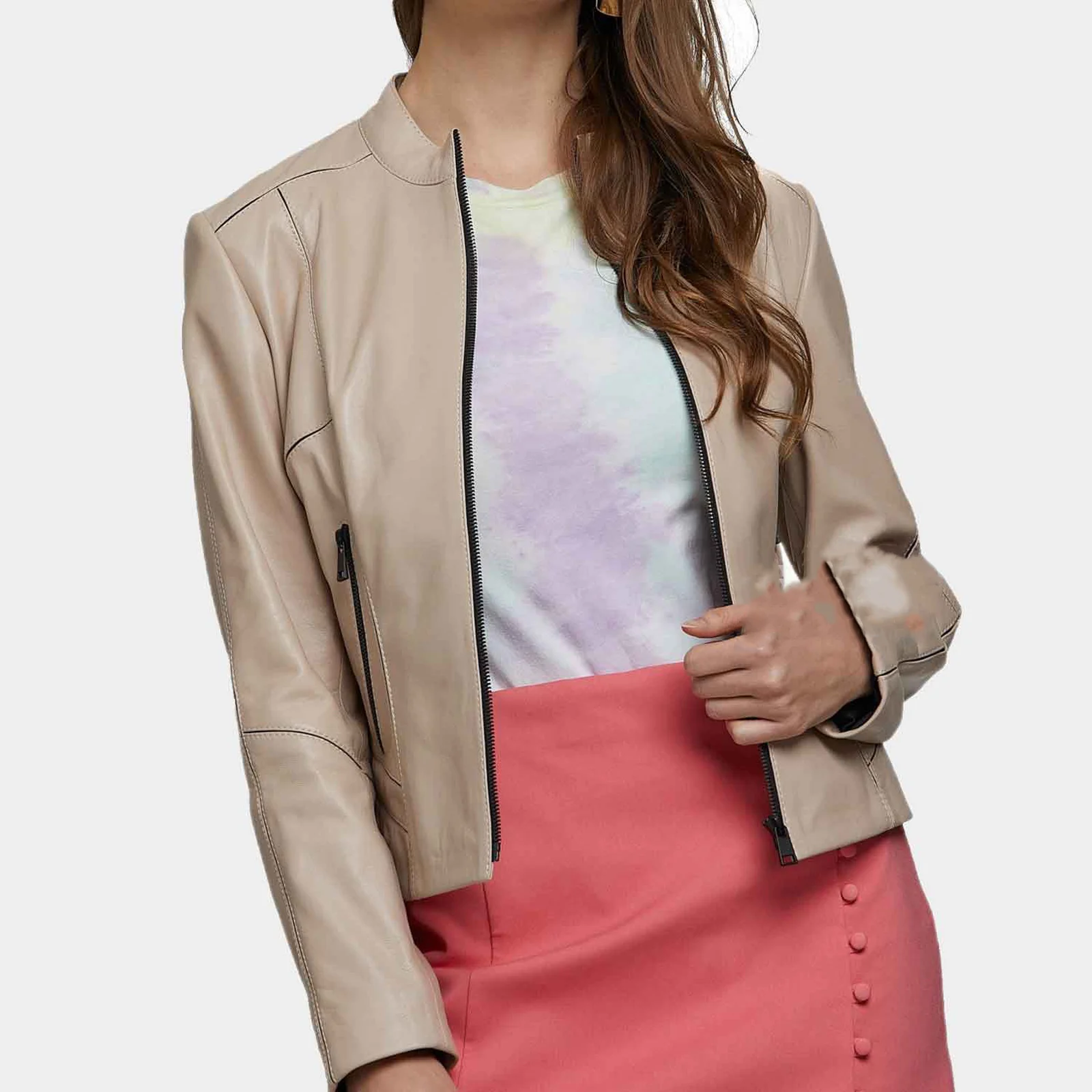 Premium Quality Material Women Slim Fit Leather Jacket Beige Color Biker Style  Cropped Bomber Jacket Long Sleeve Zip up Pockets