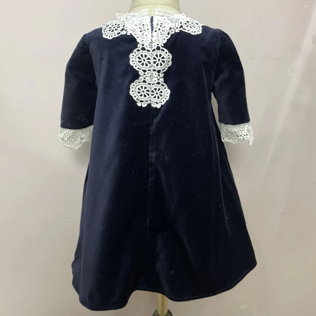 JannyBB Design Navy Blue velvet dress for baby girl toddler baby girls knee length a-line casual dress