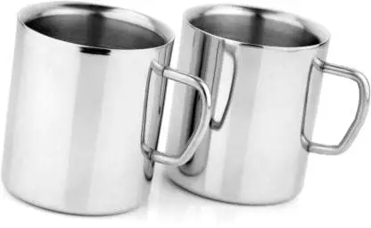 High Quality Material Stainless Steel Double Walled Glossy Coffee Mug Jumbo Pack of 2 (300 ML Each) Use For Drinking