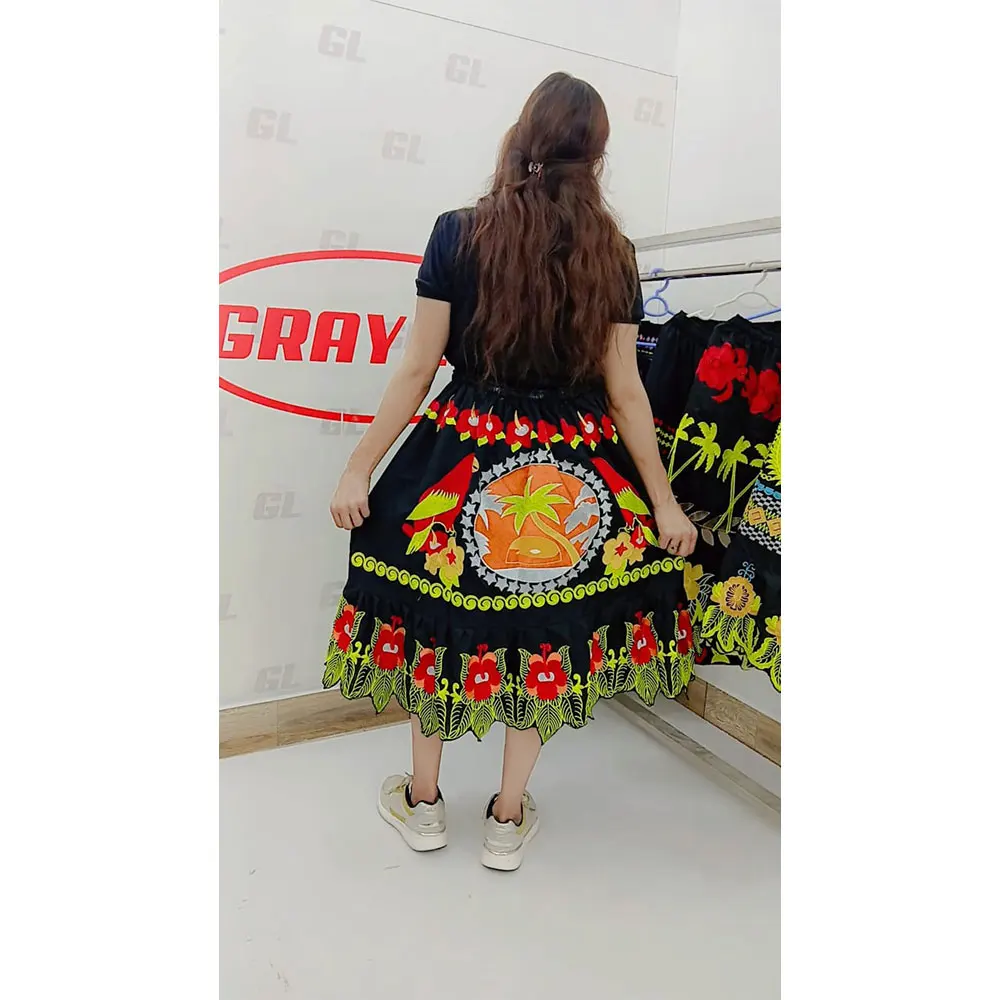 Customized Size And Color Floral embroidery black color casual fashion cotton long skirt for women