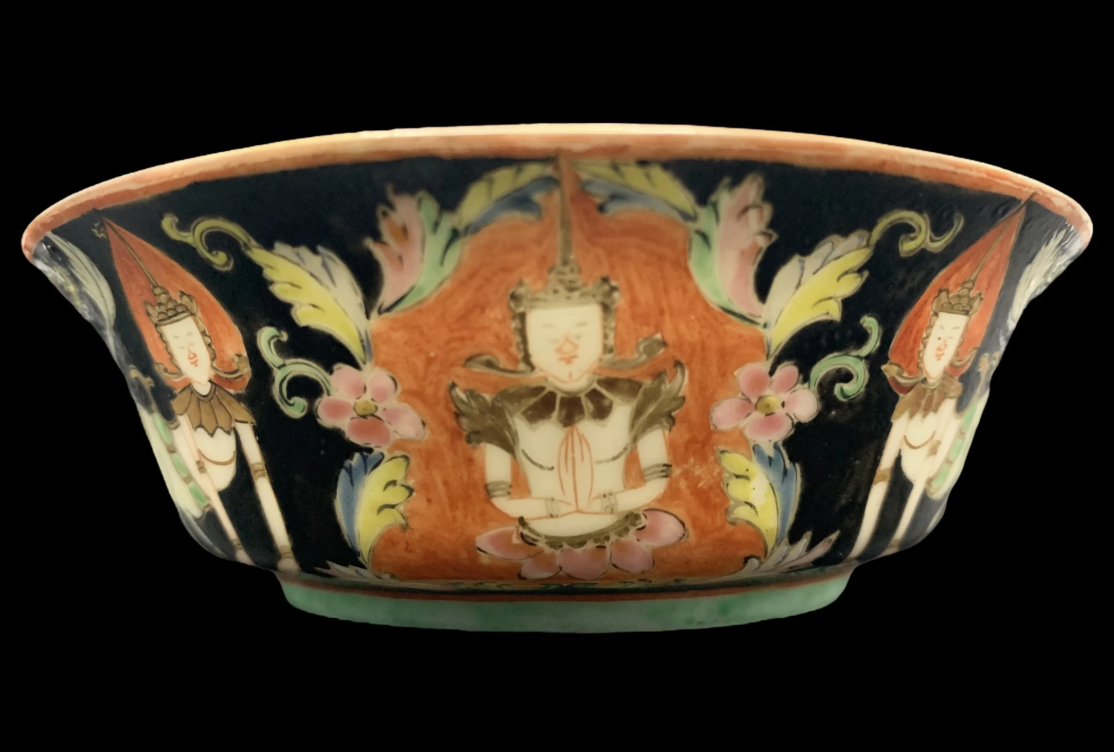 Antique Benjarong Porcelain Bowl Painted With Theppanom Painted With Floral Design On A Black Ground for Collectible