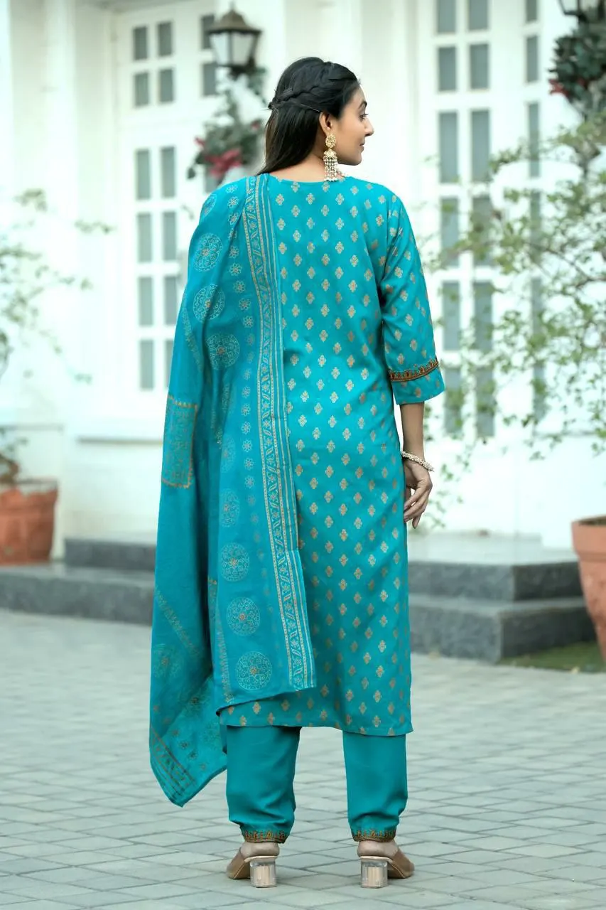 Темно-синий цвет традиционная Повседневная и офисная одежда с круглым вырезом принтом Рейон Курти чуридар комплектом Dupatta