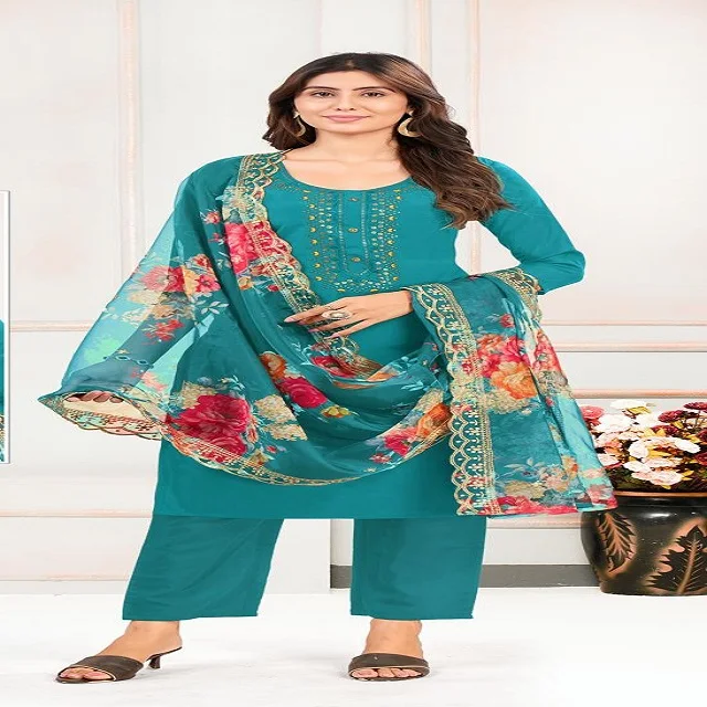 Indian Export Quality High On Demand Best Roman Silk Kurti With Pant And Dupatta With Embroidery Neck Work Online Shopping India