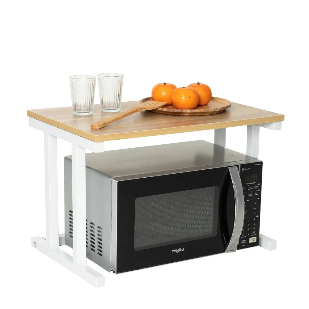 Modern Two-Layer Wood and Iron Kitchen Counter Shelf Enhances Home Storage Efficiency with Organizer Rack for Food Storage