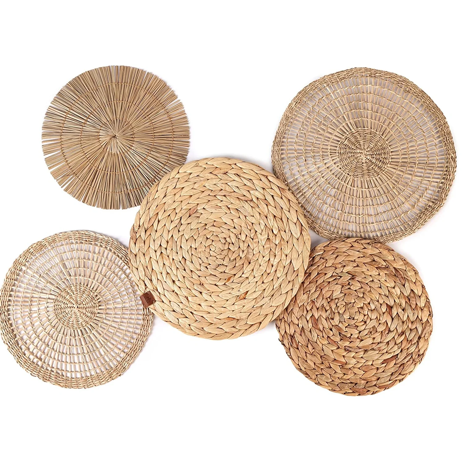 High-quality Naturral Rattan Set off 5 Weaving Plate Basket Wall Hanging Decor for Home.