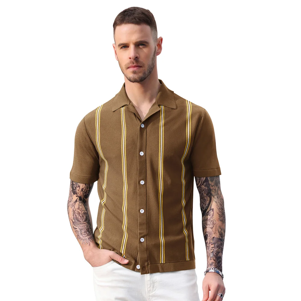 Men Contrast Color Cardigan Lapel Vintage Knitted Top Short Sleeve Sweater Men